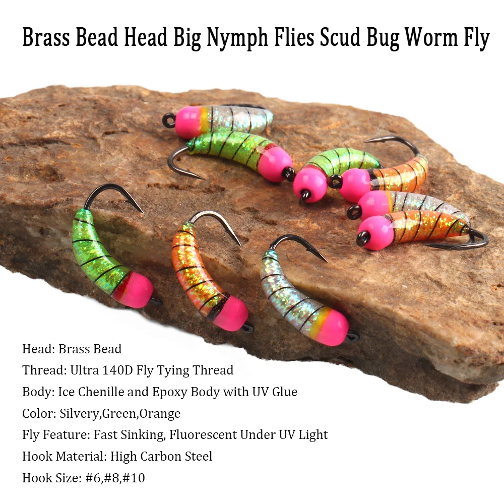 Fly Fishing Brass Bead Head Nymph Scud Bug Ice Fishing Worm Fly Caddis Larvae Insect Baits Trout Bluegill Fishing Lures Baits