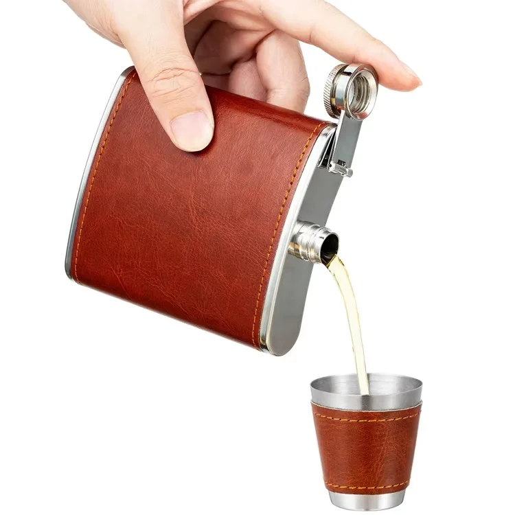 Manufacturer Custom Engraved Logo Leather Case Box With Cups Funnel Stainless Steel Hip Flask Set