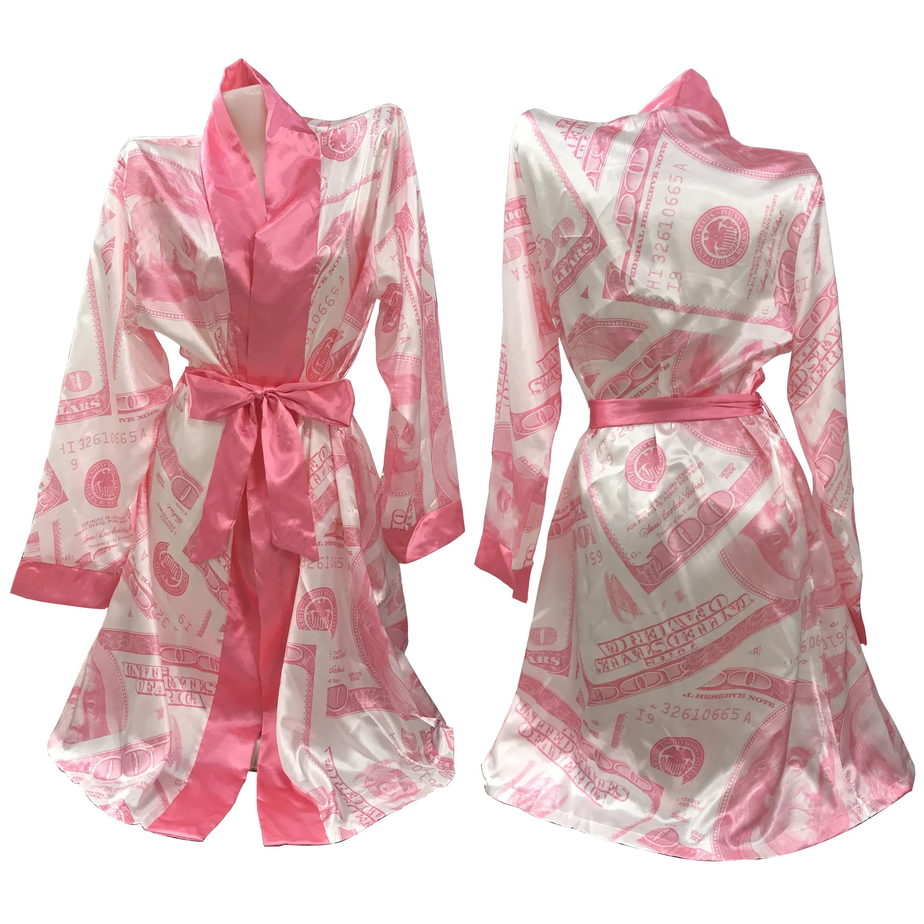 2024 High quality Sleepwear Dollar Money Print Sleeping Robe Silk Satin Robe For Woman