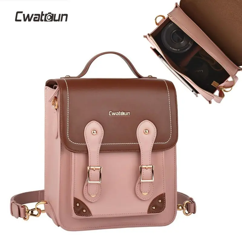 Retro Women Adventure Shockproof Holder Storage Carry Fashion Carrying Cute Pu Cow Leather Hidden Camera Backpack Bag For Canon