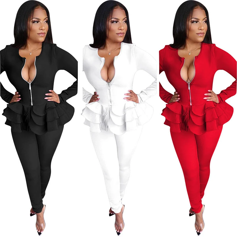 Jindou Lounge Wear Women Sets Casual Solid Color Zip Tops Ruffles And Pants 2 Piece Loungewear Set For Women
