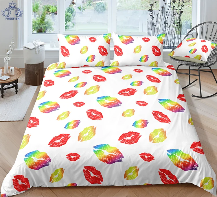 Duvet Cover Full Size, Romantic Couples Red Lips Kiss Printed Quilt Cover Set, for Valentines Day Wedding Decorations