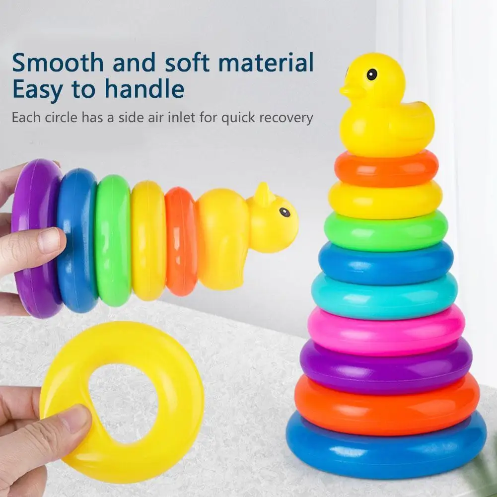 Baby Little Yellow Duck Rainbow Tower Stacking Circle Educational Toy