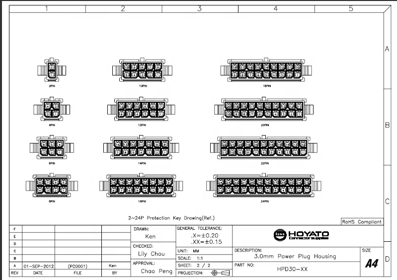 Эквивалент Molex 43645-0200 43645-0208 43020-0401 43020-06013 0 мм Штекерный корпус двухрядный Micro Fit