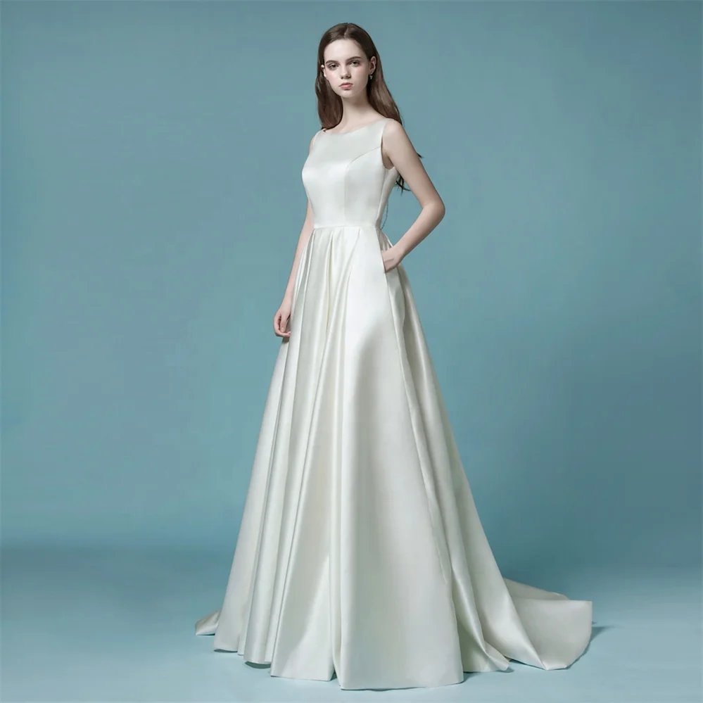 Ruolai QD06001 Simple Crystal Tassel Decoration Bride Dress with pockets Open V back Folded Satin wedding dresses