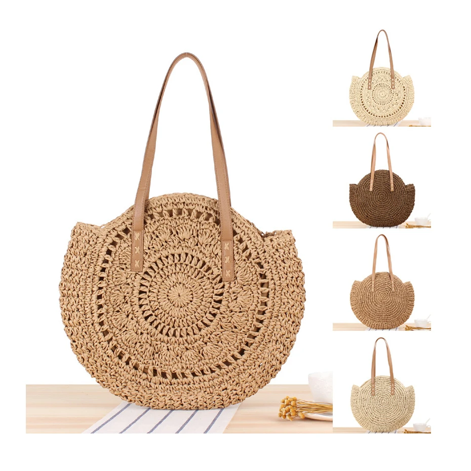 Versatile Solid Color Straw Shoulder Tote Purse Design Round Woven Beach Raffia Paper Straw Shopper Bag With Boho Patterns