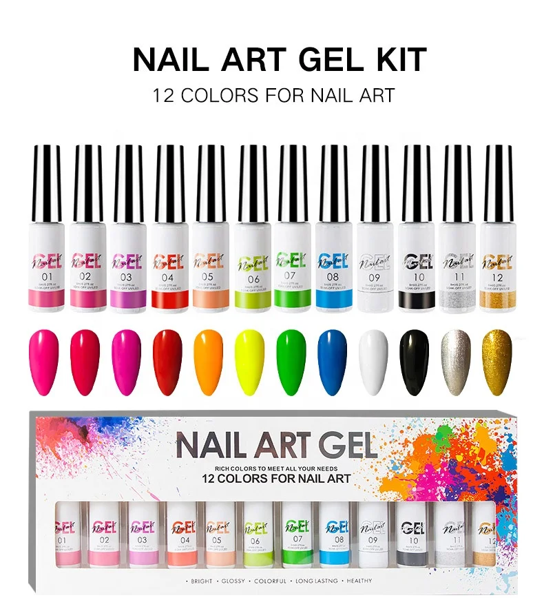 2022 New design gel liner nail art gel polish set 12 colors nail art pull line nail glue paint painting gel OEM own brand