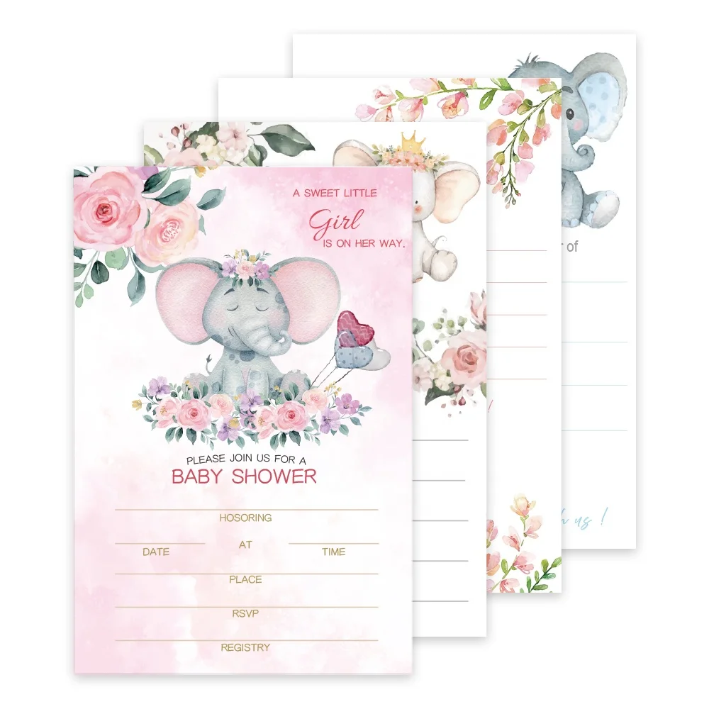 PAFU Floral Pink Blue Elephant Invitations for Boy Girl Set of 25