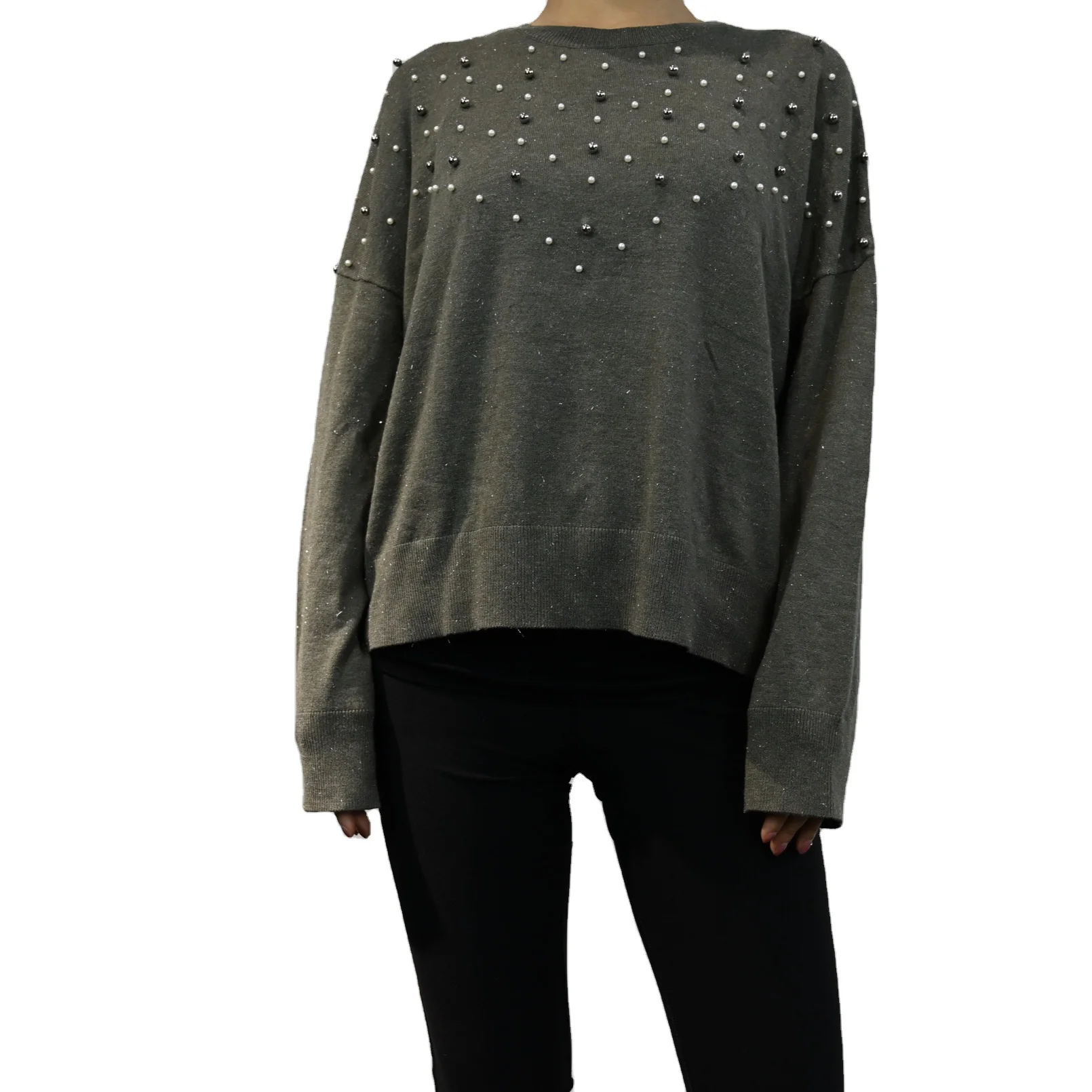 Wholesale Women Crew Neck Beading Stylish Knitted Pullover Sweater Cheap Custom Design Long Sleeve Clothing Casual Women Sweater