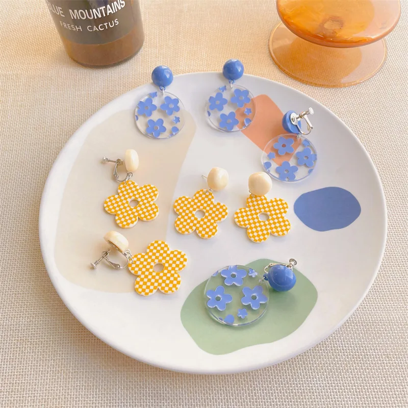JUHU Blue flower transparent acrylic earrings simple sweet and lovely yellow plaid silver pin earrings all-match jewelry women