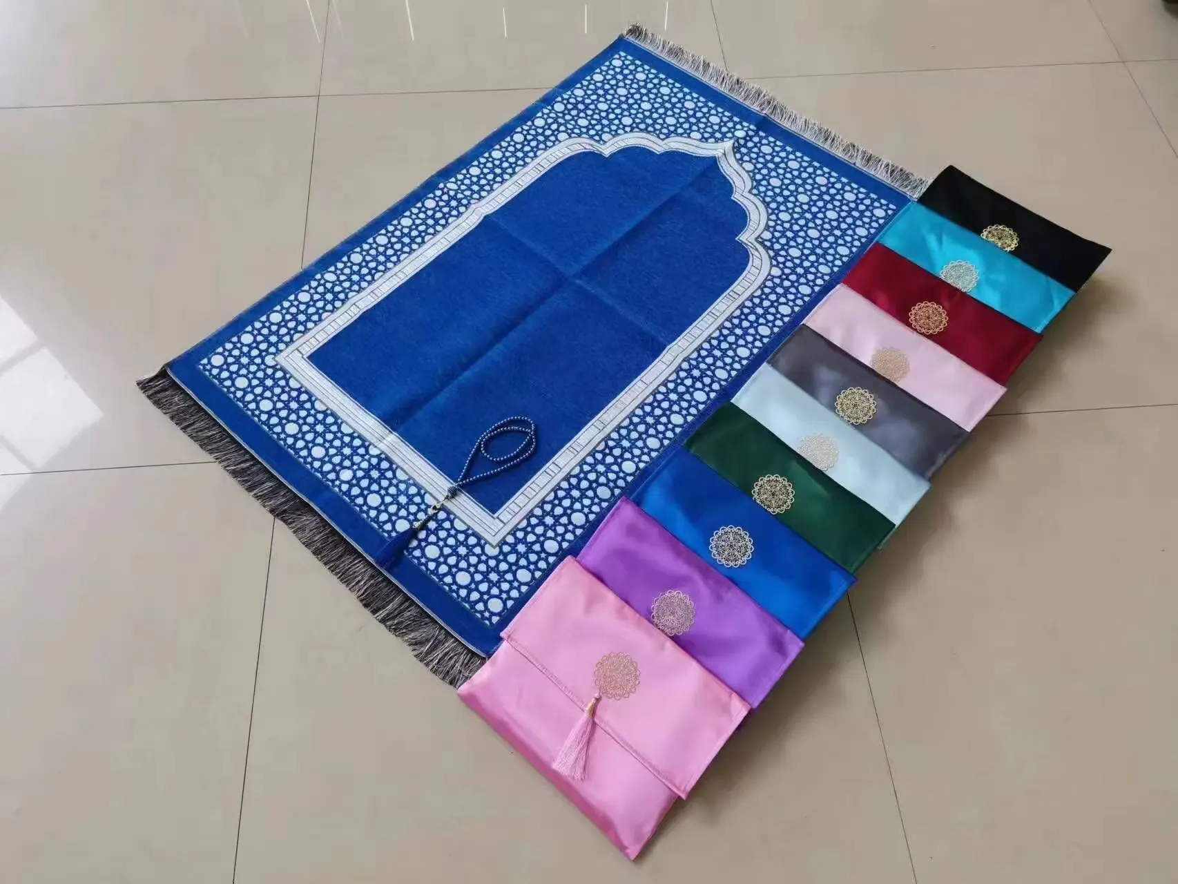 wholesale Gift Prayer Mat - Turkish Design Muslim Prayer Rug & Prayer Beads Set with Satin Pouch Ideal Islamic Gift for Ramadan