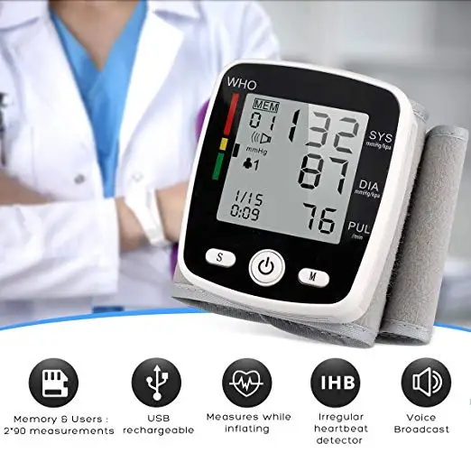 Automatic Tensiometros Digital BP Machine Electronic Wrist Blood Pressure Monitor With 2x99 Readings Memory Voice Broadcast