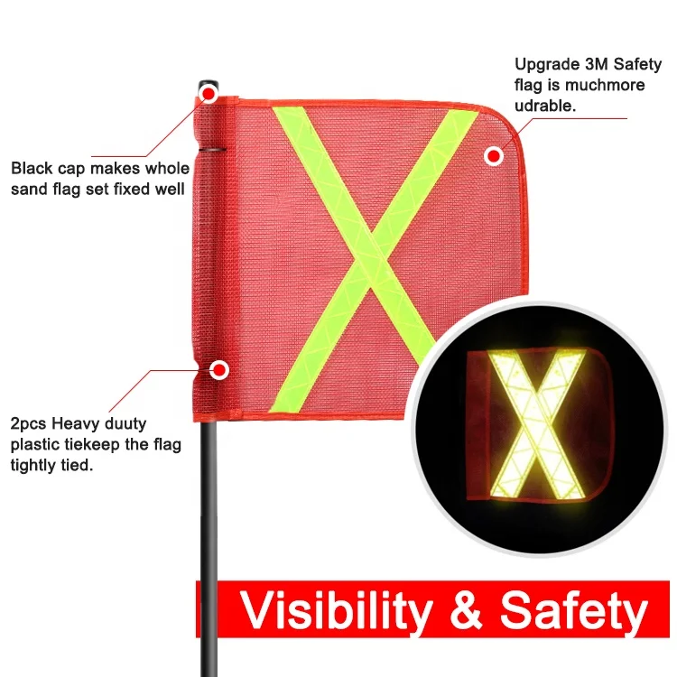 Mining Whip with Amber Led Light on Top 8/10/12 ft with X Reflection Flag Safety flag pole light for vehicle