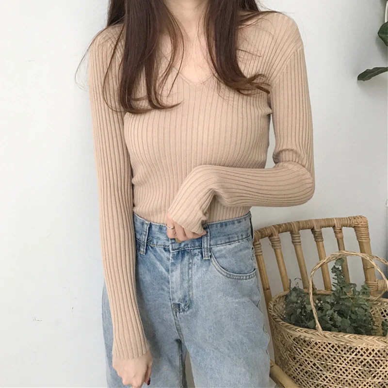 Hot Sale Wholesale Spring Autumn V Neck Long Sleeve White Warm Soft Thick Women Knit Top Sexy Sweater For Ladies From Factory