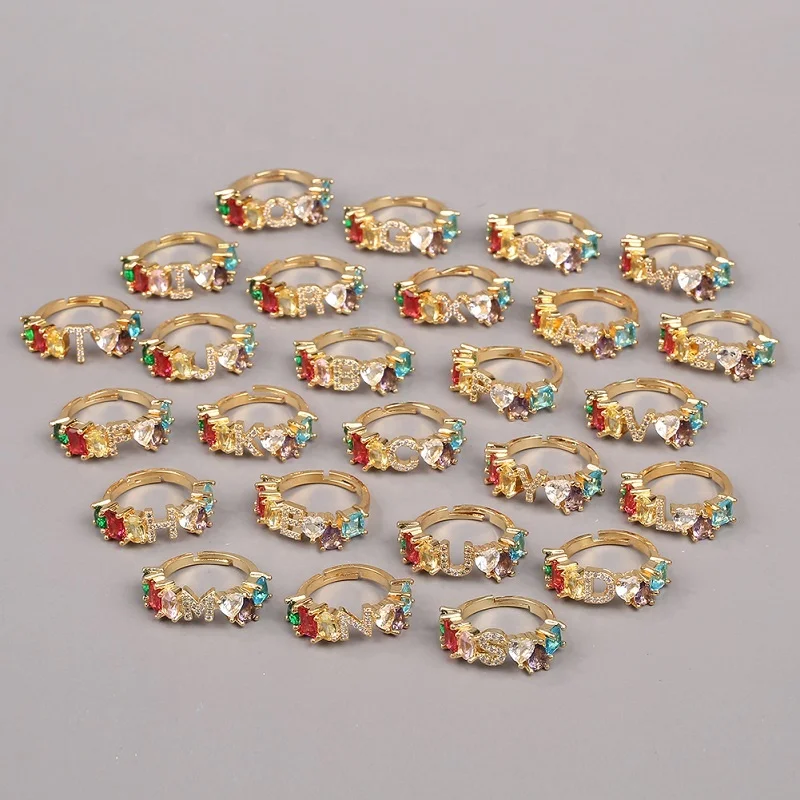 
Adjustable Color Zircon Alphabet Ring With Copper Opening 