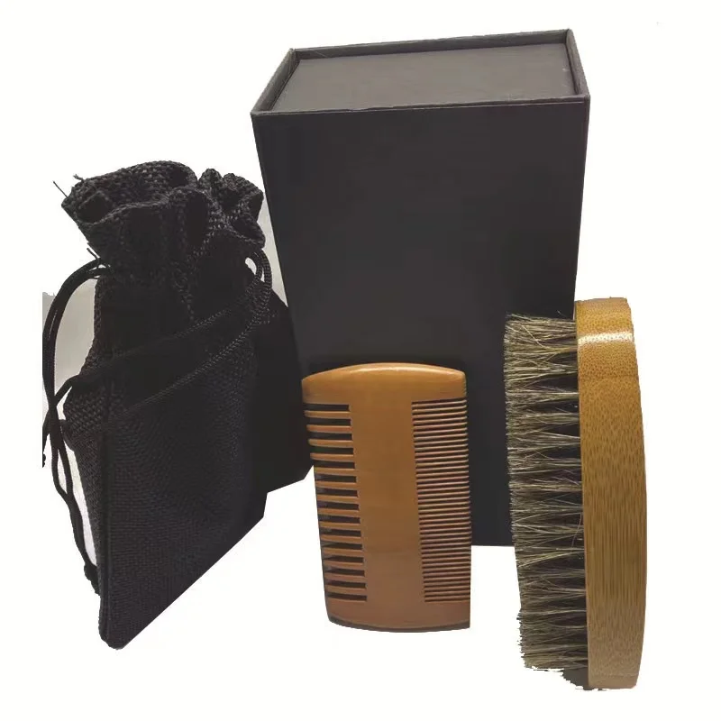 Best selling custom silk screen logo wooden beard brush beard comb set