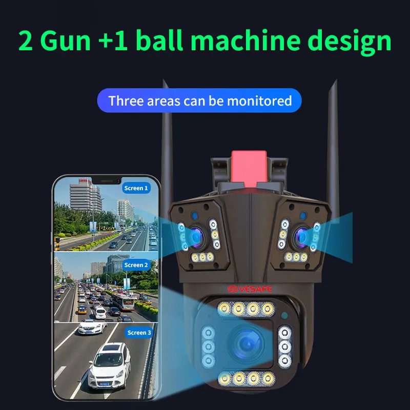 Vesafe Two-way Audio 3 Lens Screen Alarm Push Outdoor Cctv Hd 12MP Wifi Wireless Ip Security PTZ Cameras