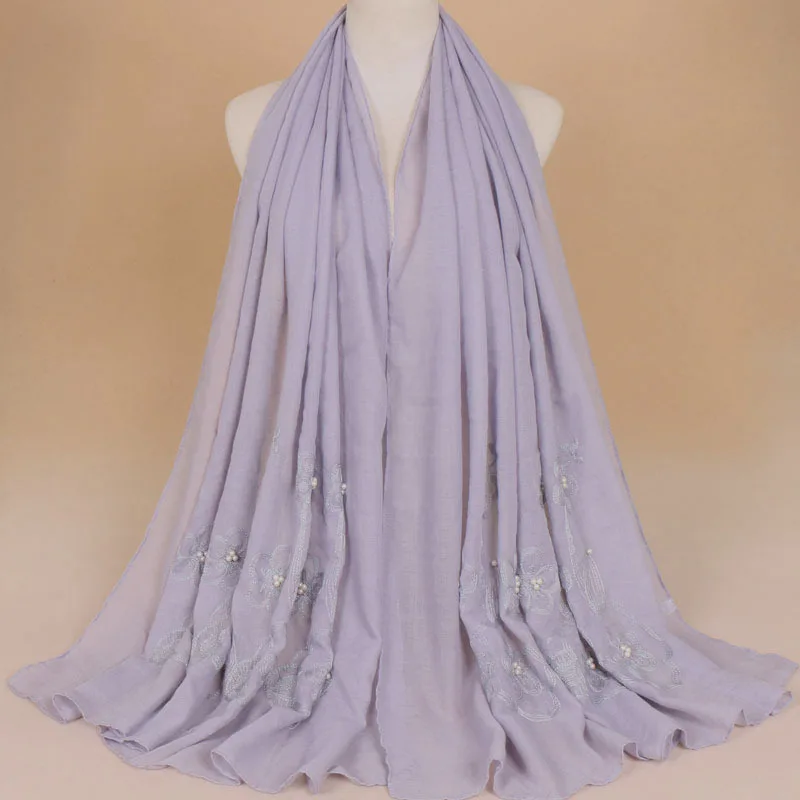 Nation Style High Quality Women Lace Bead Islam Muslim Scarf Cotton Hijab Embroidery Pearl Scarf