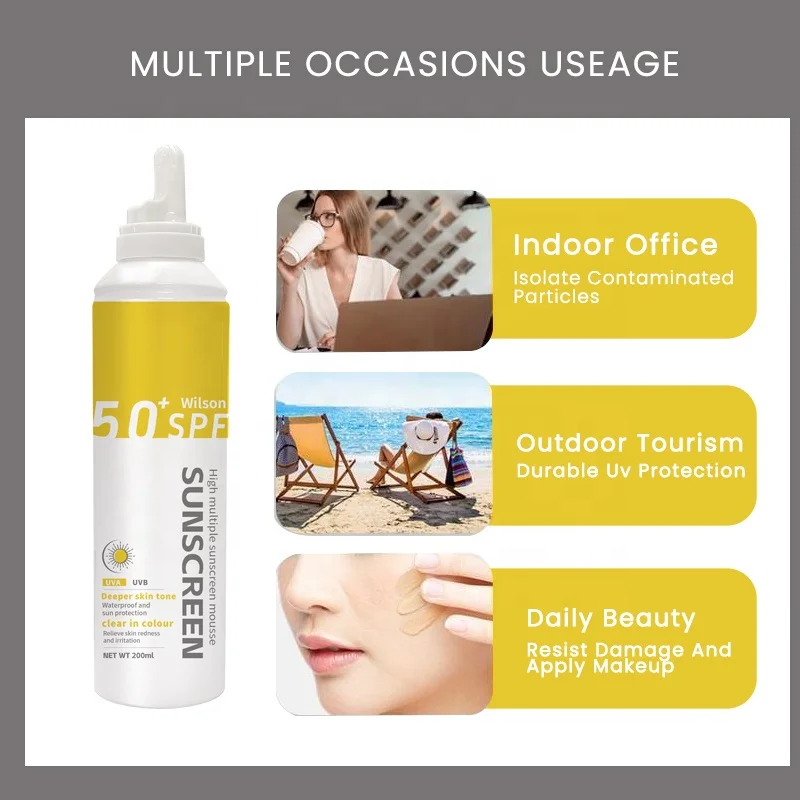 Cosmetics Factory Custom LONG LASTING Sunlight protective Sun block Sunscreen Mousse suncream SPF50 OEM ODM FOR CHILDREN ADULTS
