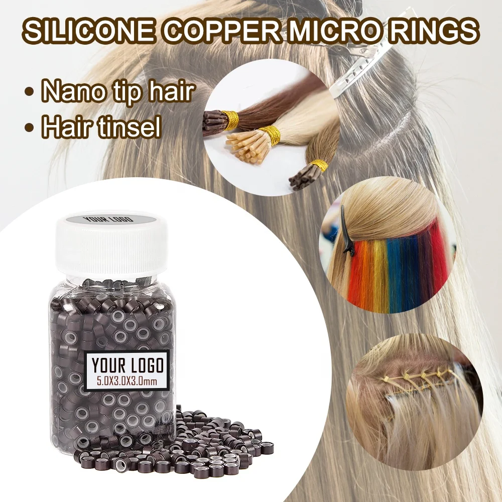 Hot Selling custom logo 5.0*3.0*3.0mm Silicone Lined Micro Link Beads Hair Extension Tools Aluminium silicone lined Micro Ring