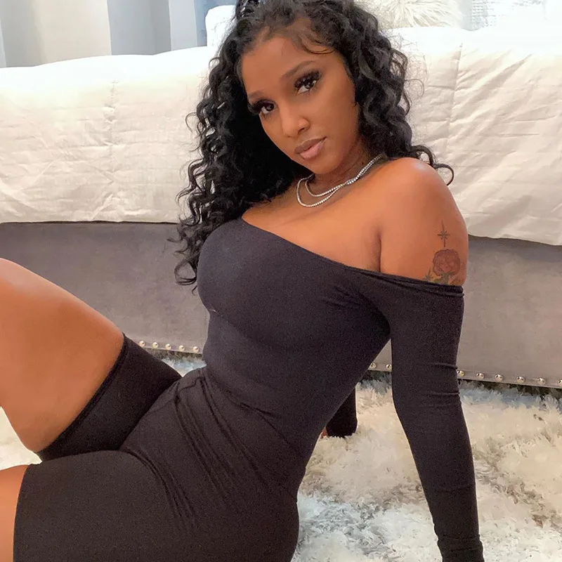 
2021 Summer Sexy Casual Women Long Sleeves Bodycon Off the Shoulder One Piece Short Trousers Bodysuits Jogger Rompers Jumpsuit 