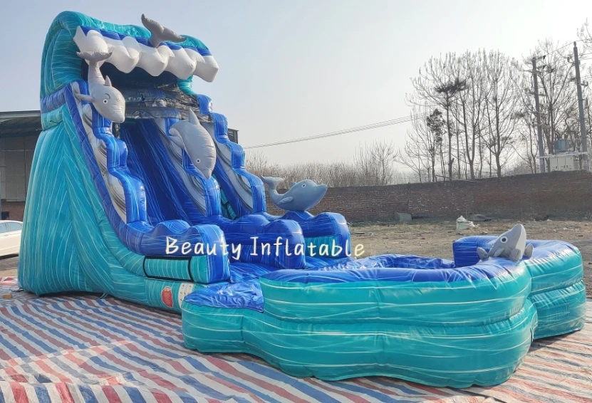 new design dolphin waterslide inflatable water slide with pool for sale