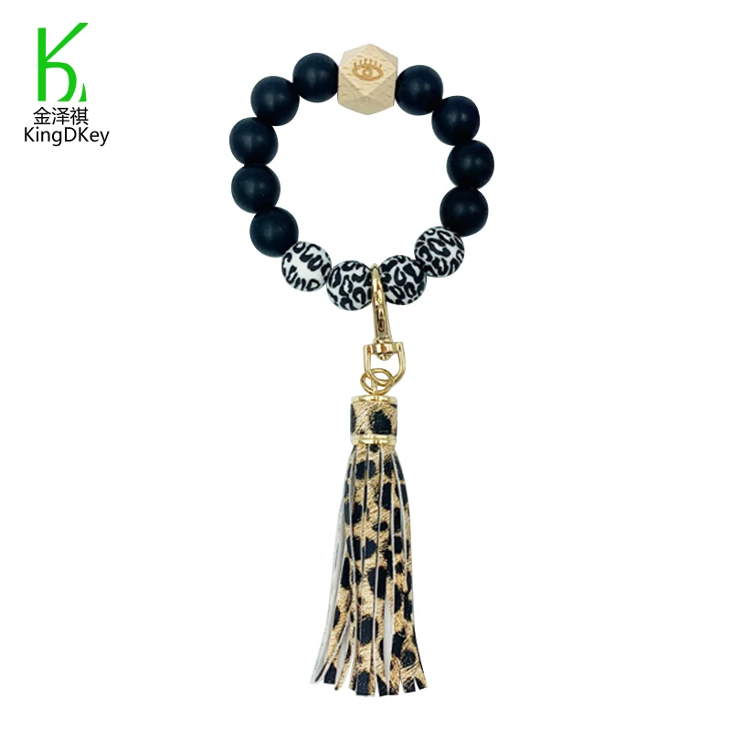New PU Leather Tassel Wooden Silicone Beaded Bangle Bracelet Keychain Leopard Printed Wrisyband Keyring