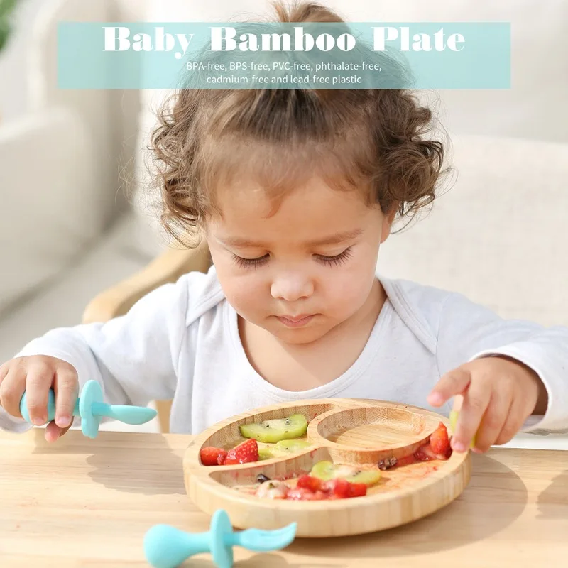 2022 New designer dinnerware  Baby Dinner Set food grade bamboo baby plate with silicone suction plates and bowls for toddlers