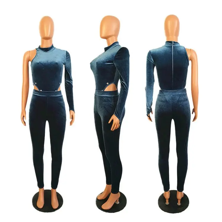 
1219M100 new stylish round neck one shoulder velvet bodysuit and pant Winter Clothes Outfits Women Two Pieces 