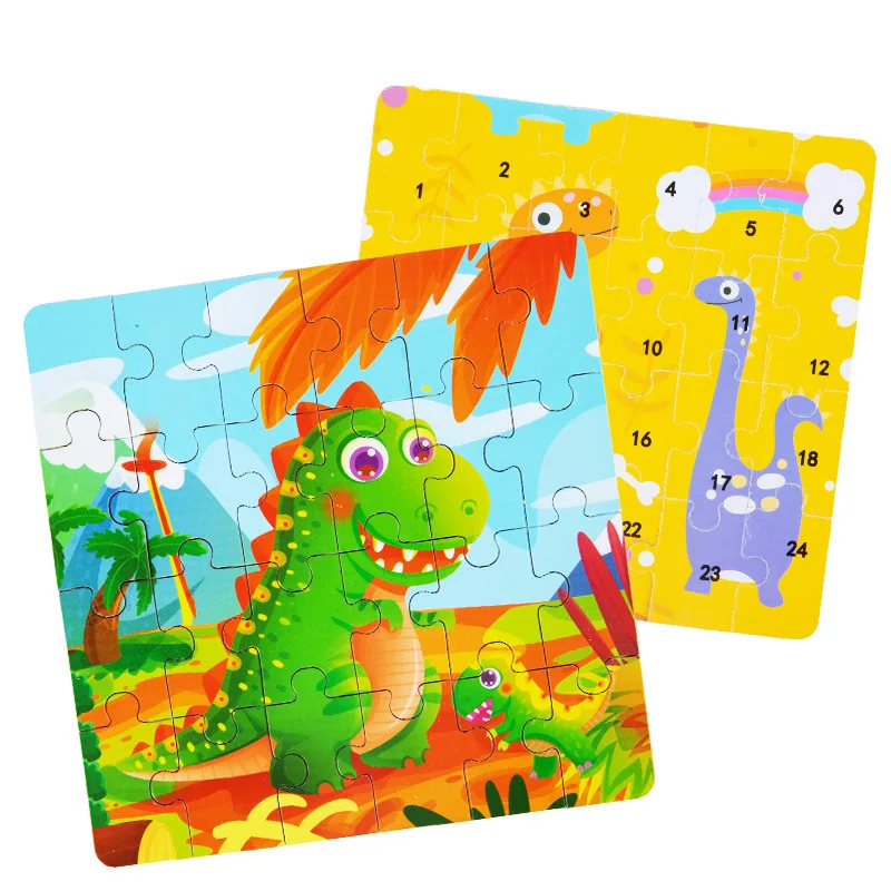 24 Pieces Small 3D Wooden Puzzles in Portable Gift Box Early Educational Kids Toy Cognitive Animals Traffic Dinosaurs Puzzles