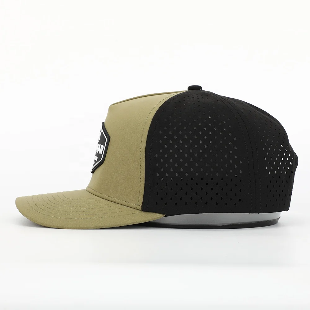 Custom 5 Panel Waterproof Army Green Polyester Laser Cut Hole Sports Hat,Perforated Golf Gorras,Rubber Patch Logo Baseball Cap