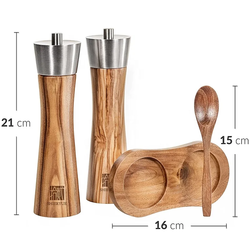 Custom Acacia Wood & stainless steel spice mills wood salt and pepper grinder mill with saucer and spoon