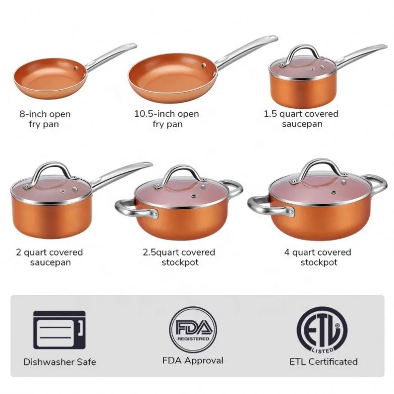 Hot Selling 10Pcs Aluminum Home Kitchen King Cookware Copper Ceramic Coated Cooking Pots And Pans Sets