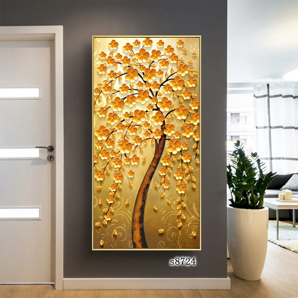 Hot selling decorative art work Money tree golden flower canvas print painting