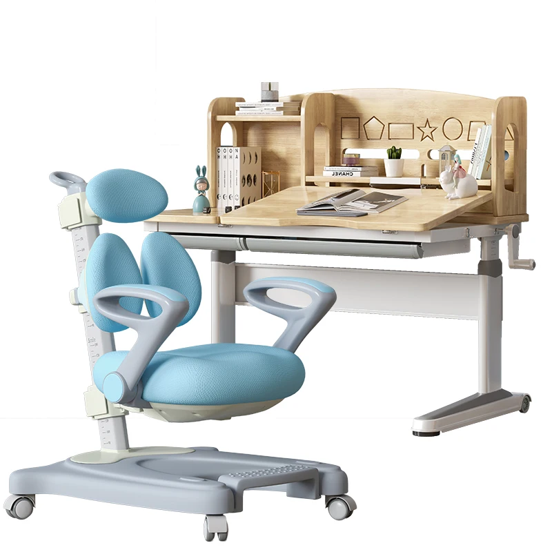 Деревянный детский учебный стол с регулируемой высотой и стулом, чертежный стол, компьютерная станция, встроенная книжная полка, многофункциональный синий