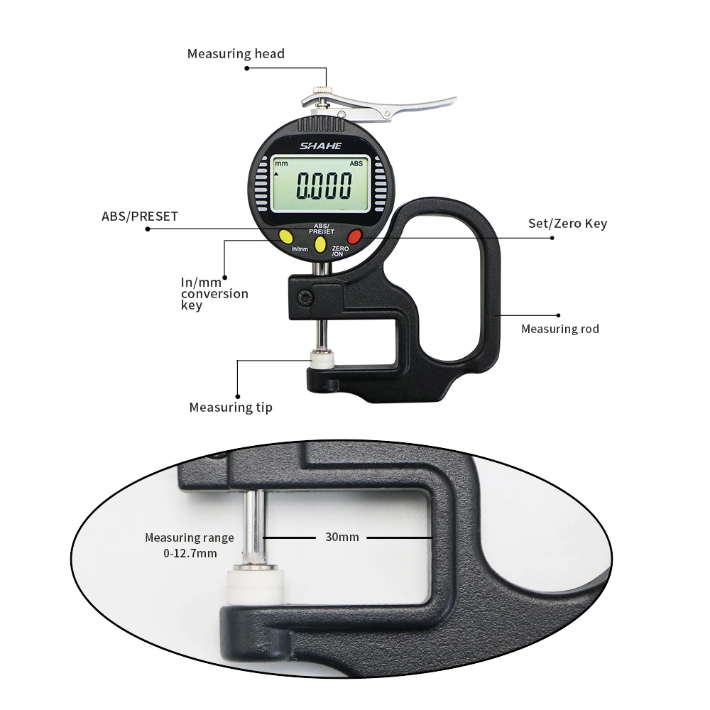 SHAHE 0-10mm 0.4' 0.001 mm Digital Thickness Gauge for Leather , Paper , Fabric electronic thickness gauge