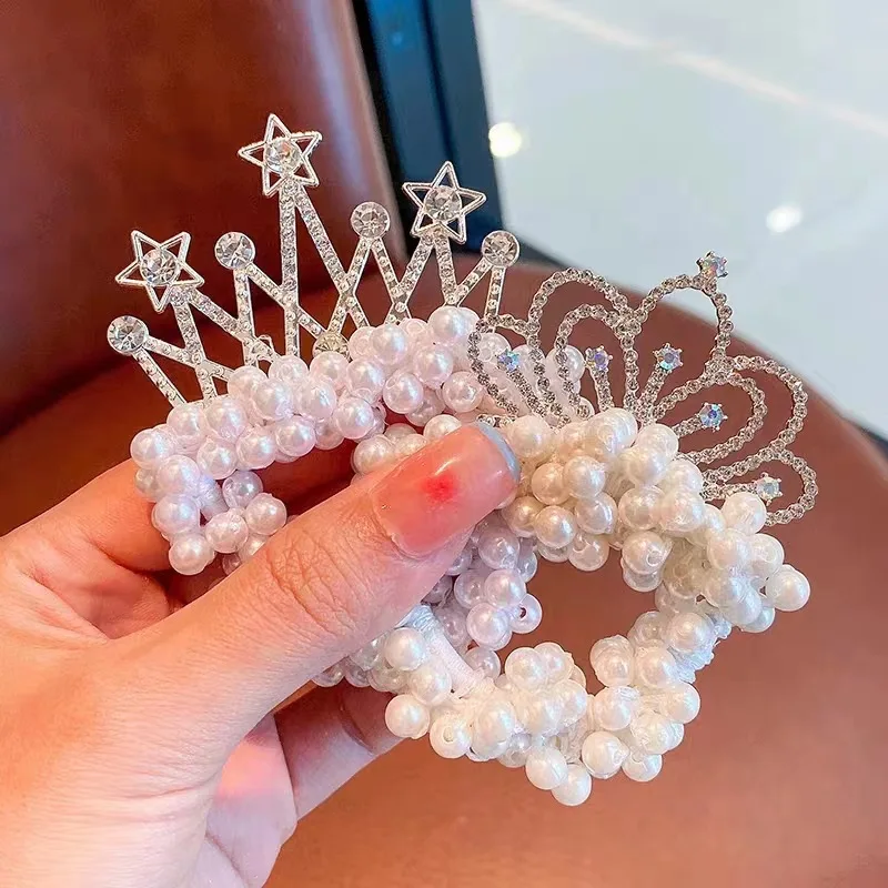 Korean New Tiara Rope Kids Princess Crown Pearl Hair Tie For Girls Simple Cute Elastic Hair Ring Hair Bands Children