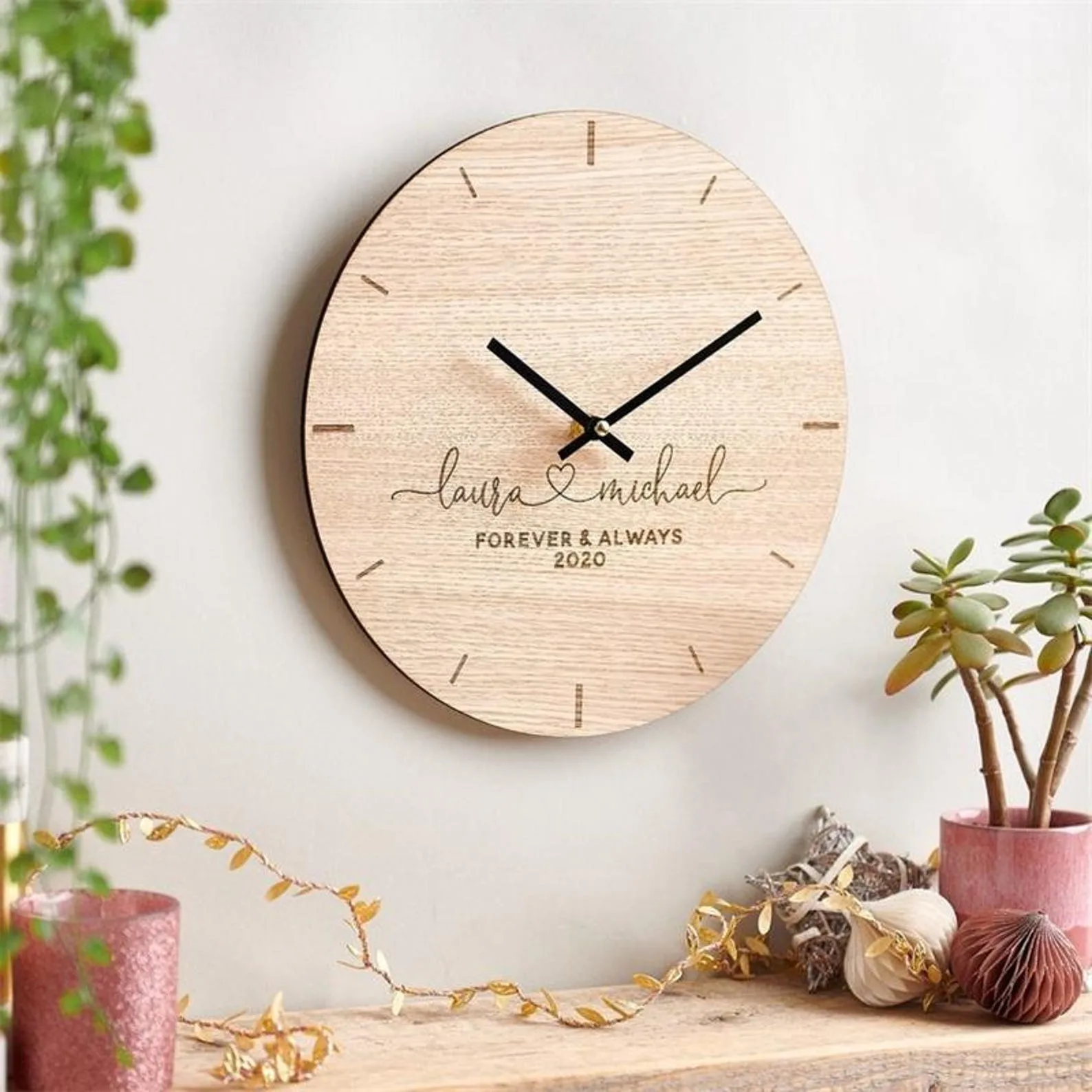Solid Pine Wood Wall Clock with Natural Bamboo Shade Quartz Alarm Desk Clock Single Face Needle Display for Home Decoration