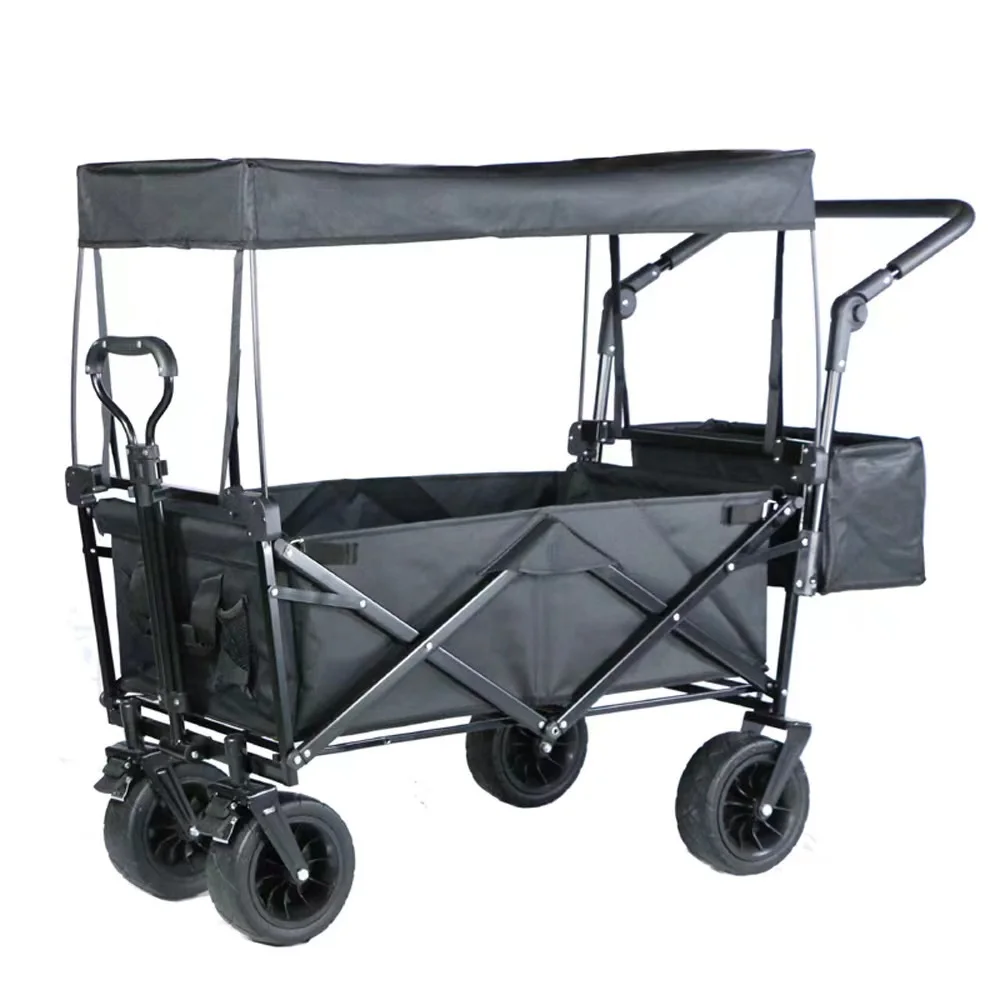 Portable 4 Wheels Folding Beach Trolley Cart With Adjustable Handle Bar Popular Outdoor Foldable Wagon