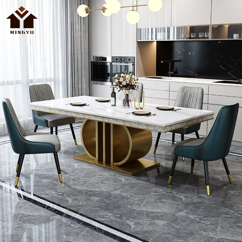 French Vintage Style Gold Dinning Tables Stable Stainless Steel Base Kitchen Table Marble Top Restaurant Tables