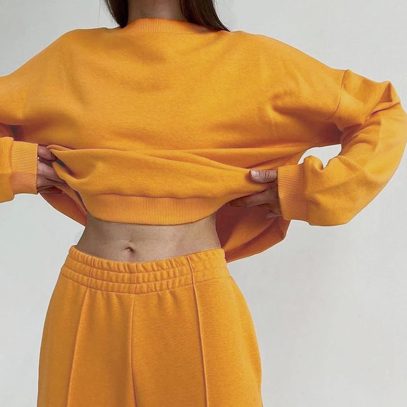 New spring plus velvet pullover sweatshirt and elastic waist wide-leg pants two-piece solid color leisure sports suit for women