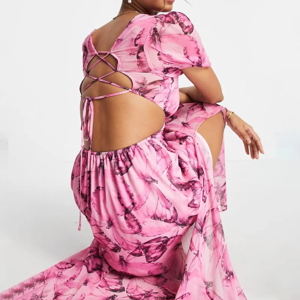 Fashion Trend Hot Selling Clothing Convertible Look Cherry Butterfly Pattern Dress Feminine Vacation Beach girls sexy print