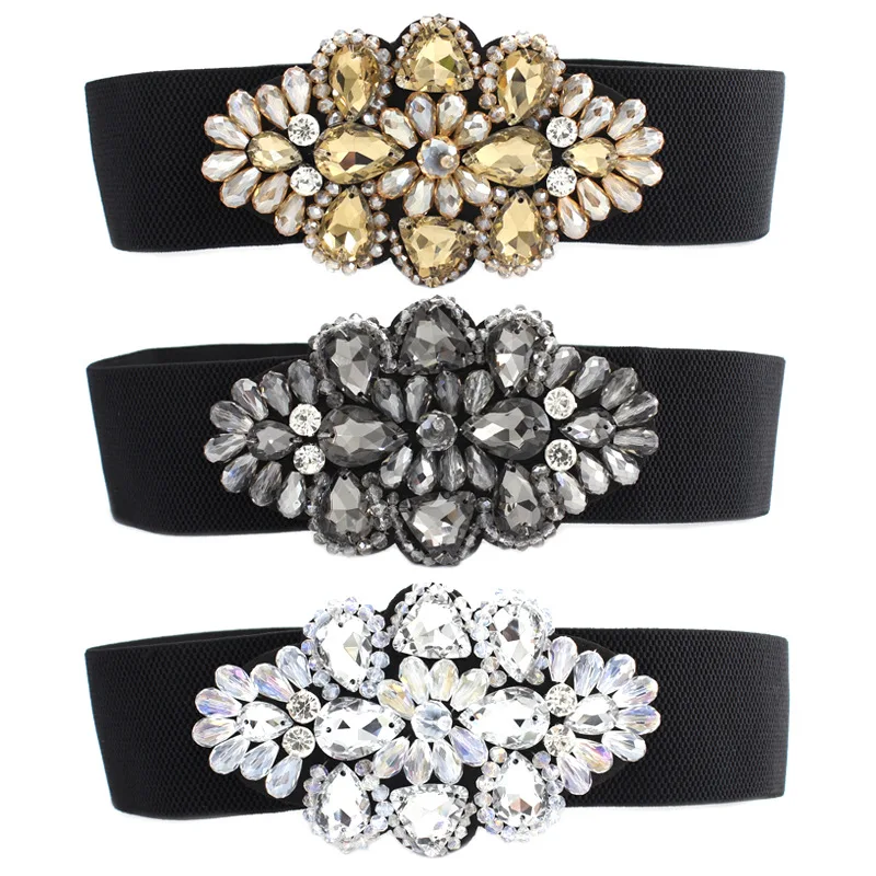 bling bling Decoration Rhinestone Elastic Waist Belt Crystal Flower Belt With Diamond