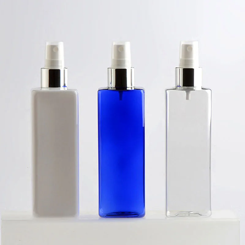 Wholesale 250ml Square PET Spray Bottles Blue Clear Plastic Florida Water Bottles with Aluminum Mist Spray Cap