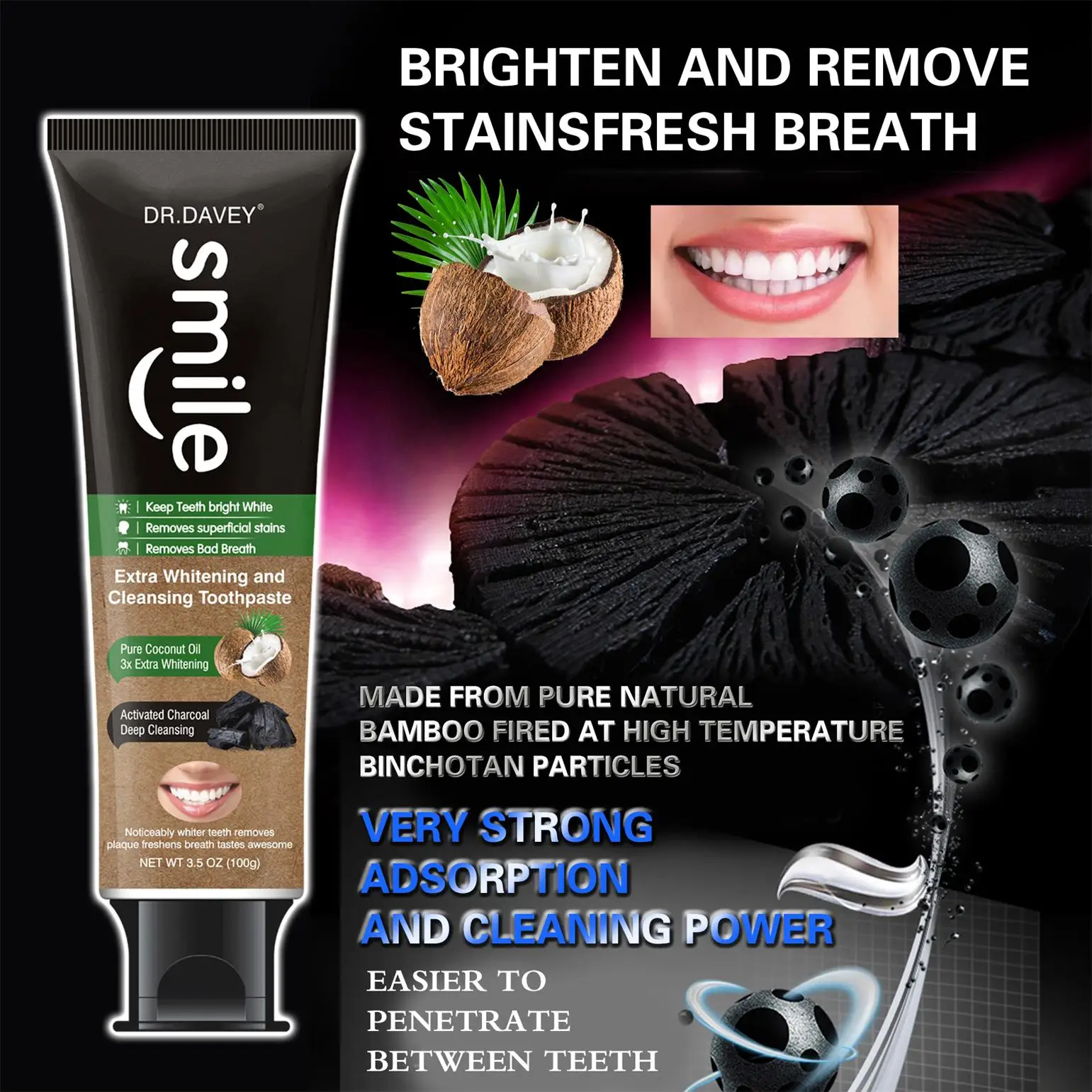 Dr.Davey Powerful Whitening Toothpaste Contains With Charcoal Coconut Oil Remove Tartar and Dentine