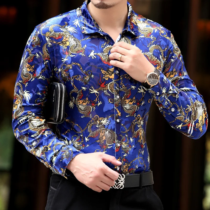 
New spring clothes for men pleuche printing long sleeve Size M-3XL Slim shirts 