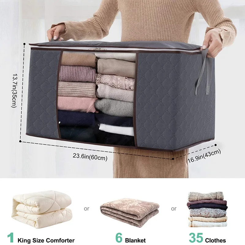 180g 3 Tiers Grey Breathable Wardrobe Organizer Bag With Handle Clear Window Non-woven Clothes Storage Bags