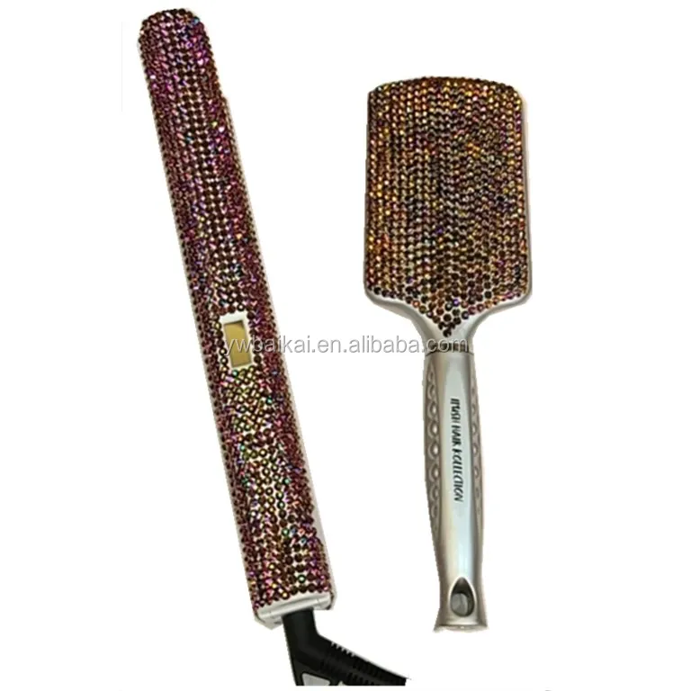 Private label lcd display high temperature ceramics Titanium flat iron bling crystal diamond bling fatl iron hair straightener