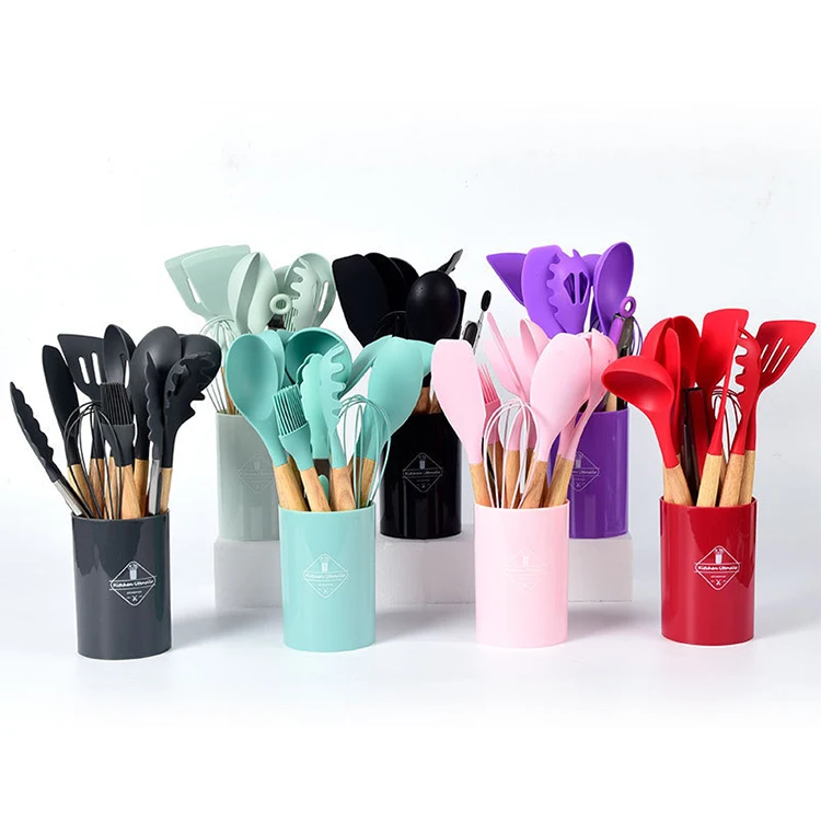 12pcs Wooden Handle Kitchen Cooking Set Non-stick Silicone Kitchen Utensil Set With Holder Box