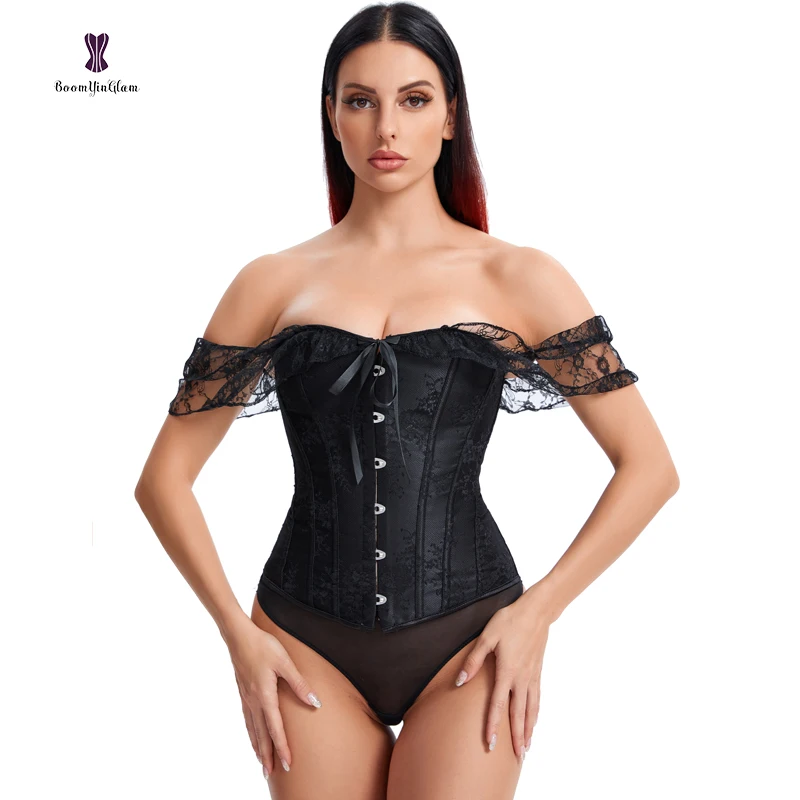 Ready to ship Vintage Overbust off Shoulder 12 Steel Bones Black bustier Shapers Lace Corset With G string for women